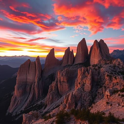 A landscape photograph of the Dolomites mountain range at sunset, showcasing vibrant colors and dramatic lighting.