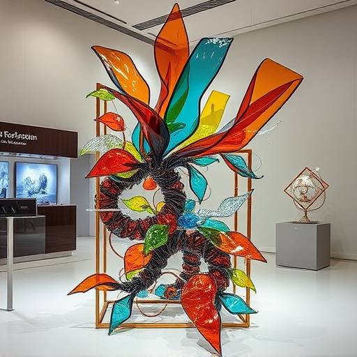 A sculpture made of glass and metal, representing the fusion of art and technology, displayed in a modern art museum.