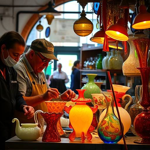 A skilled artisan creating a vibrant Murano glass sculpture in a traditional Venetian workshop.