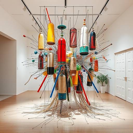 An abstract art installation made of recycled materials, displayed in a contemporary art gallery in Milan.