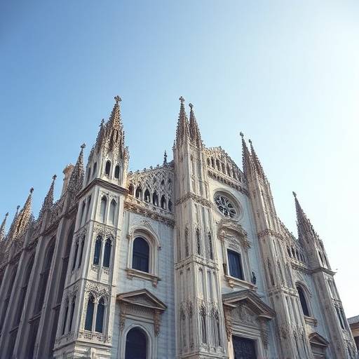 An architectural photograph of the Duomo di Milano, captured from a low angle to emphasize its grandeur.