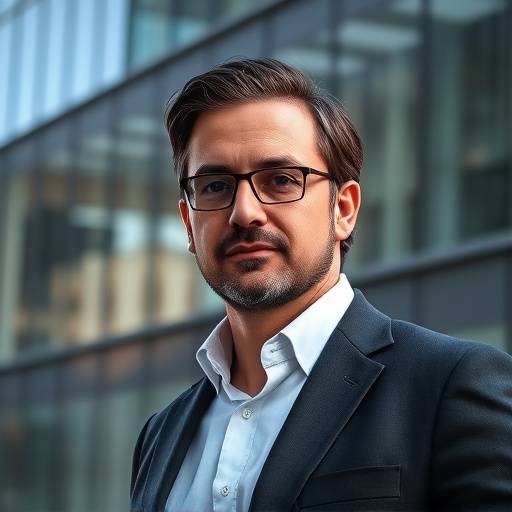 Photo of Marco Ferrari, architect, standing in front of a modern building