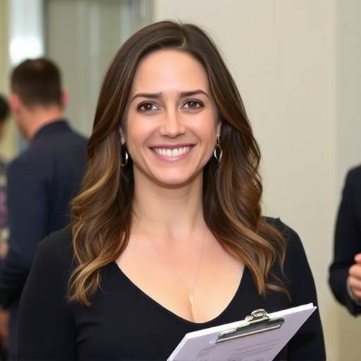 Smiling portrait of Francesca Romano, event planner, holding a clipboard