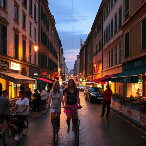 Street photography capturing the vibrant life and energy of the Navigli district in Milan during the evening.