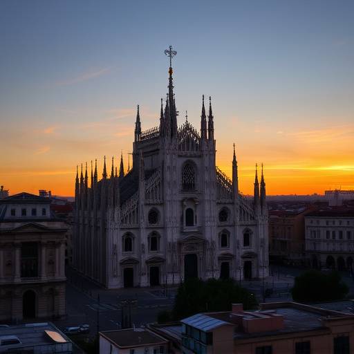 Stunning cityscape photograph of the Milan Cathedral at sunset
